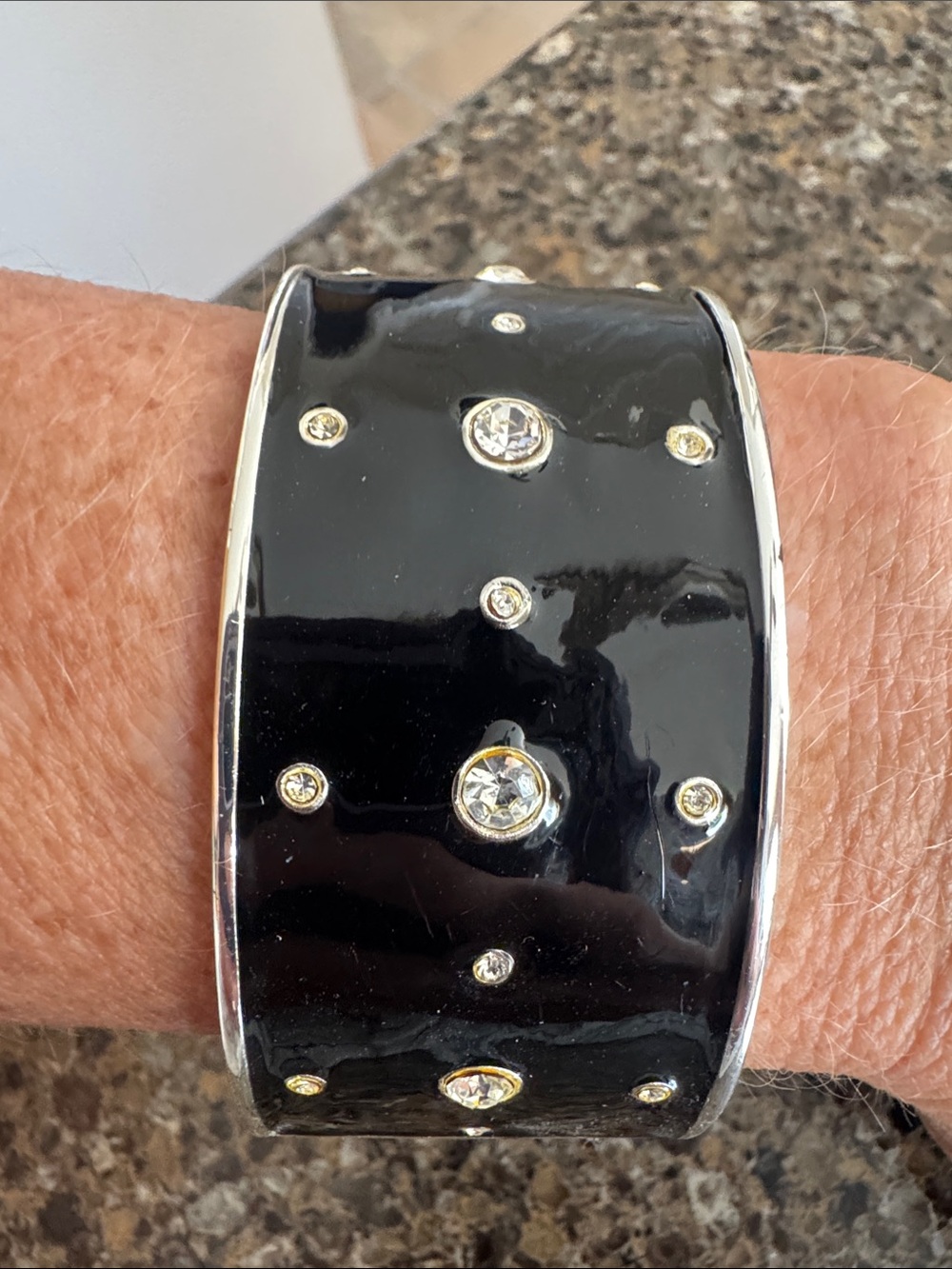 Glossy Black Enamel on Silver Tone Metal Clasp Bracelet